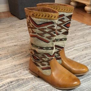 tan leather & aztec pattern mid calf boots